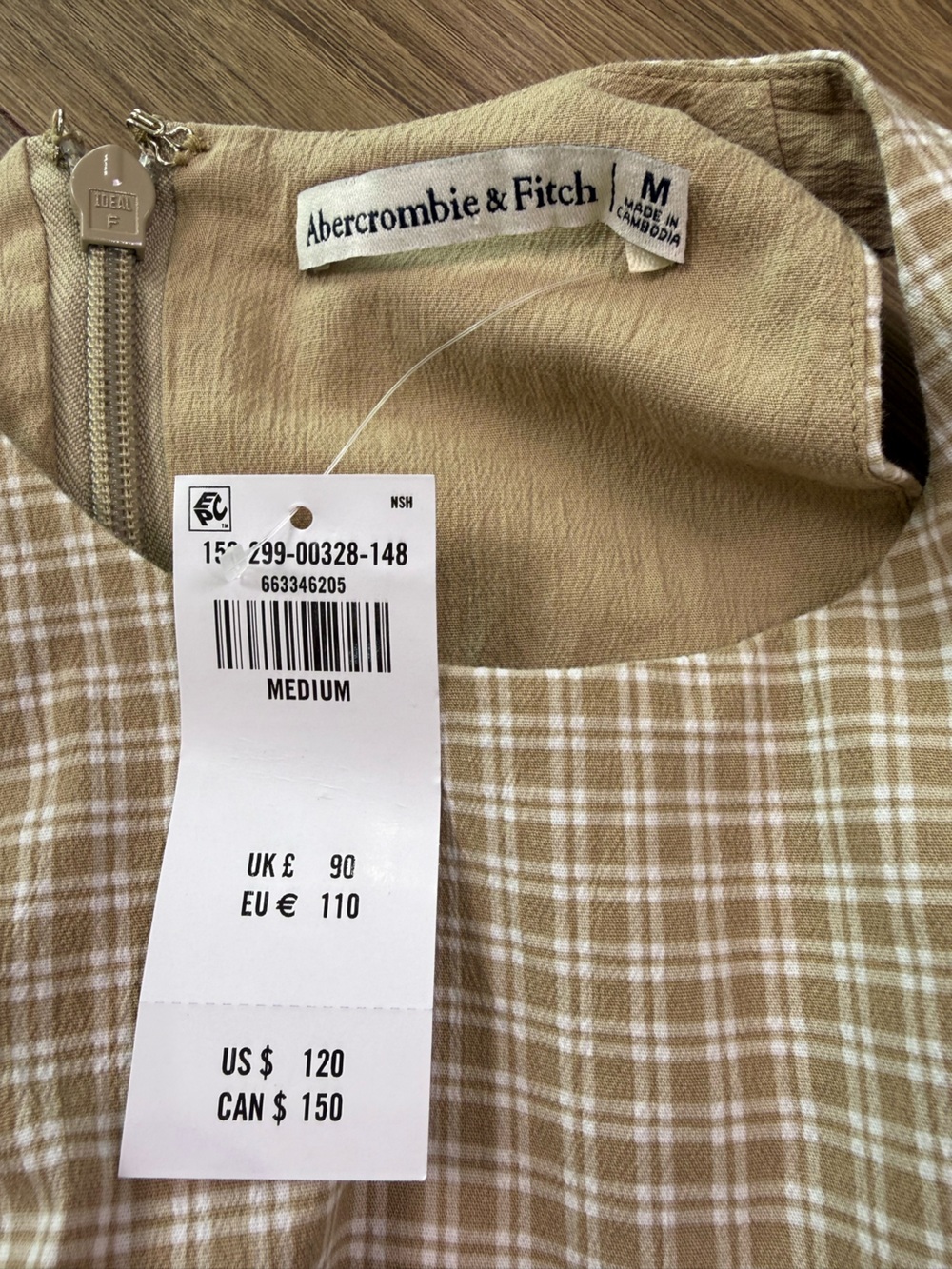 NWT Abercrombie & Fitch High Neck Drop Waist Midi Dress Light Brown Check Med - Picture 8 of 12